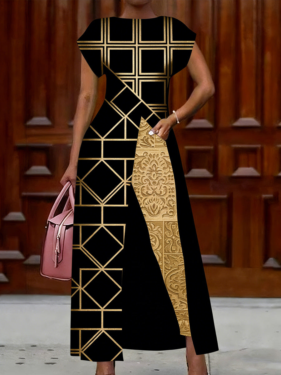 Retro Geometry Abstract Art Print Vintage Long Split Shirts Dress Skinny Pants Two-Piece Set